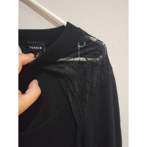 Torrid Black Pullover Sweater, Sexy Keyhole Neck Long Sleeve Lace Accents 3 3X - Picture 5 of 7